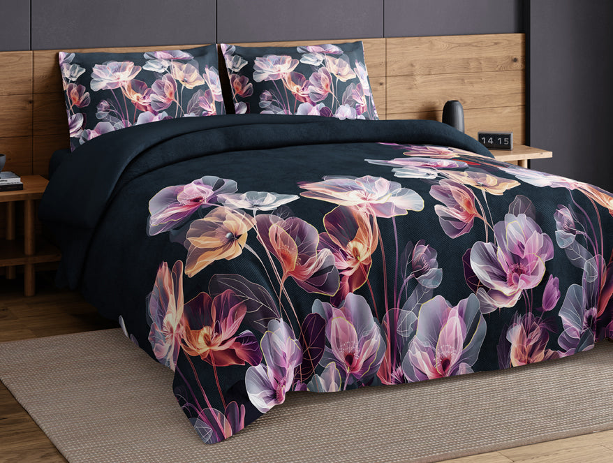 Elegance Noir 100% Cotton Large Bedsheet, 210TC, Floral, Dark Teal