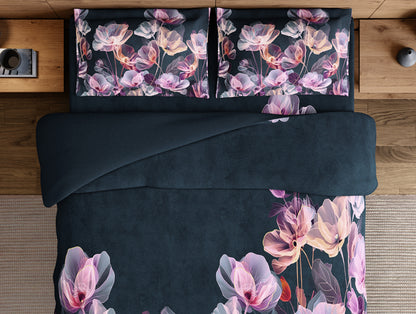 Elegance Noir 100% Cotton Large Bedsheet, 210TC, Floral, Dark Teal
