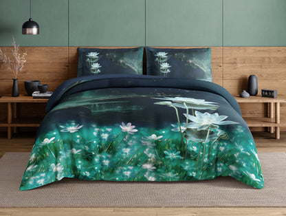 Elegance Noir 100% Cotton Large Bedsheet, 210TC, Floral, Dark Blue