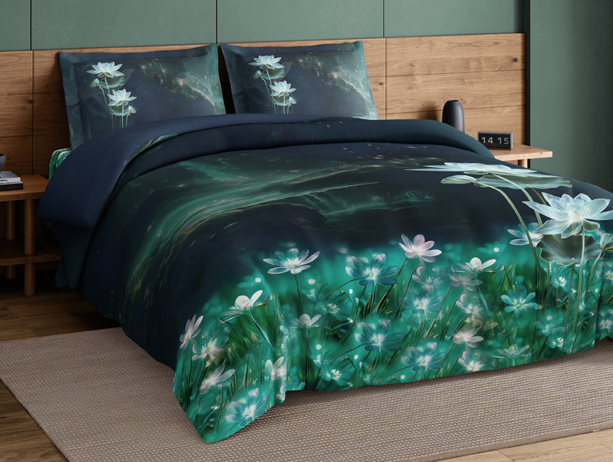 Elegance Noir 100% Cotton Large Bedsheet, 210TC, Floral, Dark Blue