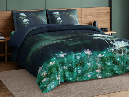 Elegance Noir 100% Cotton Large Bedsheet, 210TC, Floral, Dark Blue