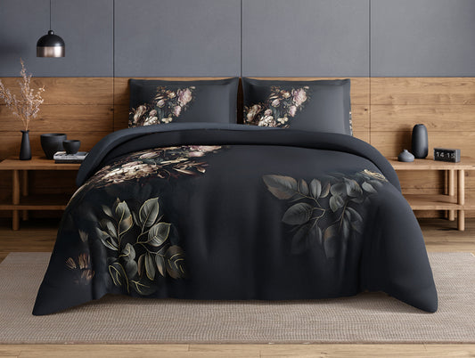 Elegance Noir 100% Cotton Large Bedsheet, 210TC, Floral, Dark Blue