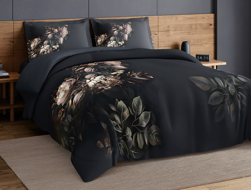 Elegance Noir 100% Cotton Large Bedsheet, 210TC, Floral, Dark Blue