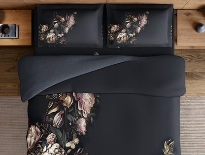 Elegance Noir 100% Cotton Large Bedsheet, 210TC, Floral, Dark Blue