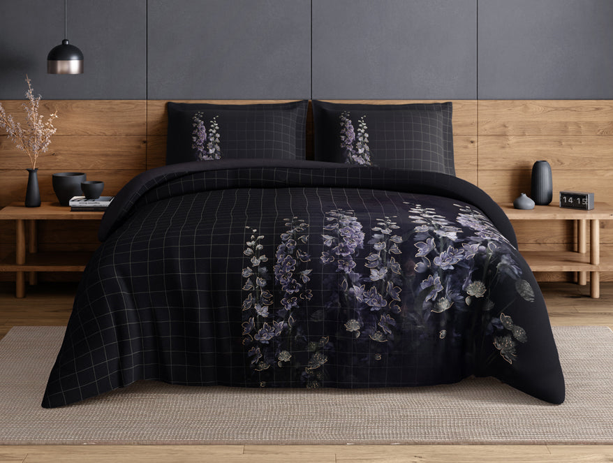 Elegance Noir 100% Cotton Large Bedsheet, 210TC, Floral, Dark Grey