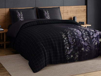 Elegance Noir 100% Cotton Large Bedsheet, 210TC, Floral, Dark Grey
