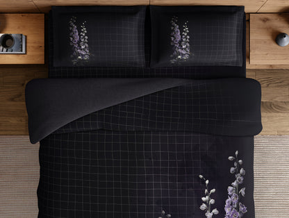 Elegance Noir 100% Cotton Large Bedsheet, 210TC, Floral, Dark Grey