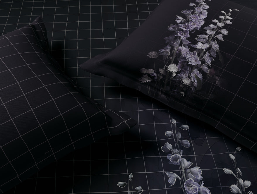 Elegance Noir 100% Cotton Large Bedsheet, 210TC, Floral, Dark Grey