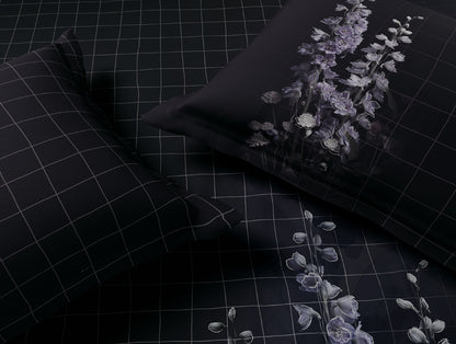 Elegance Noir 100% Cotton Large Bedsheet, 210TC, Floral, Dark Grey