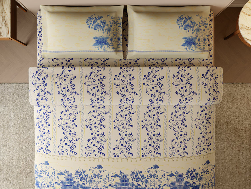 Rangana Swarna 100% Cotton Large Bedsheet, 210 TC, Floral, Cream