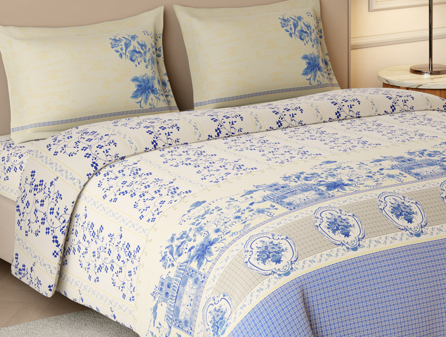 Rangana Swarna 100% Cotton Large Bedsheet, 210 TC, Floral, Cream