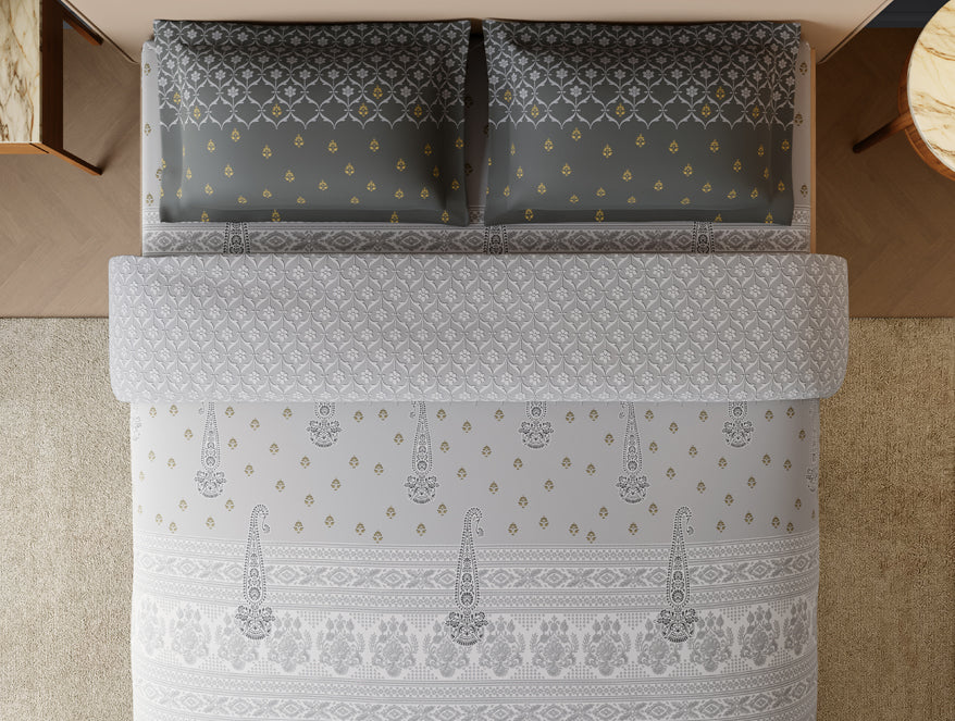 Rangana Swarna 100% Cotton Large Bedsheet, 210 TC, Ornate, Light Grey