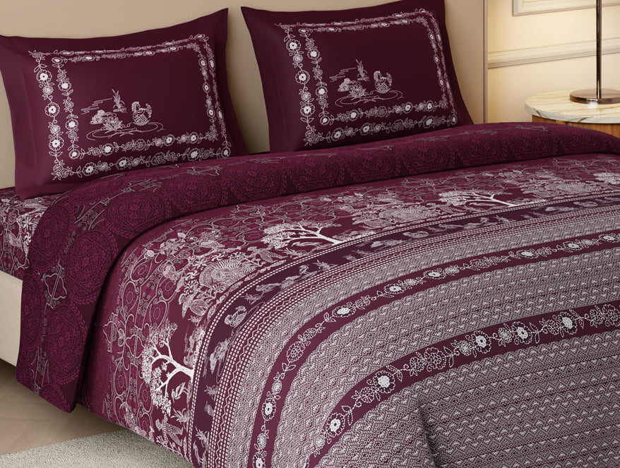 Rangana Swarna 100% Cotton Large Bedsheet, 210 TC, Ornate, Dark Pink