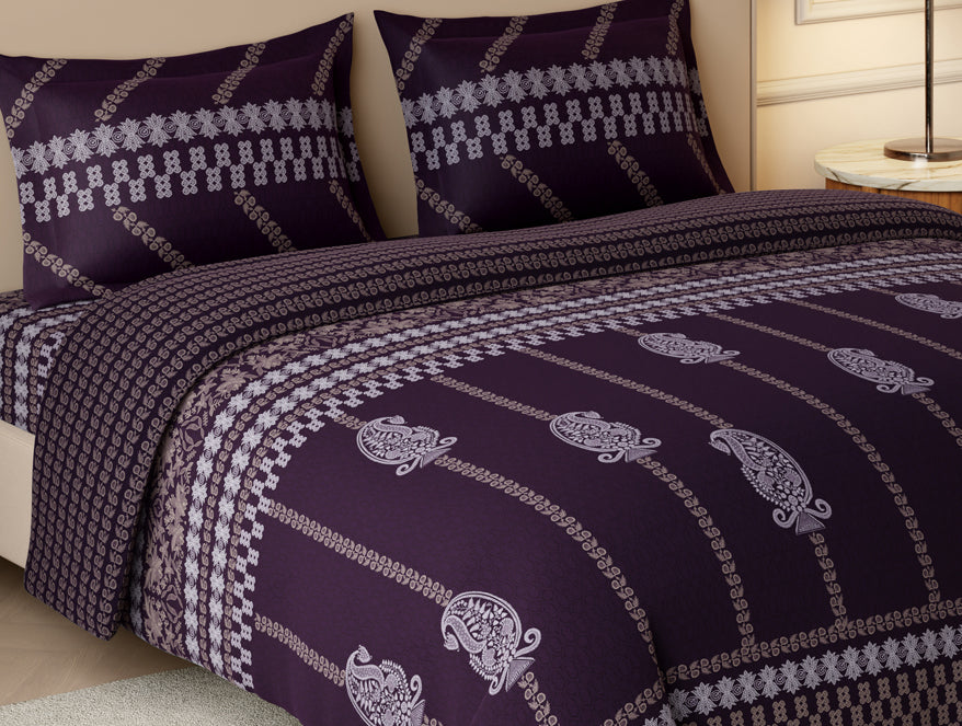 Rangana Swarna 100% Cotton Large Bedsheet, 210 TC, Ornate, Dark Violet