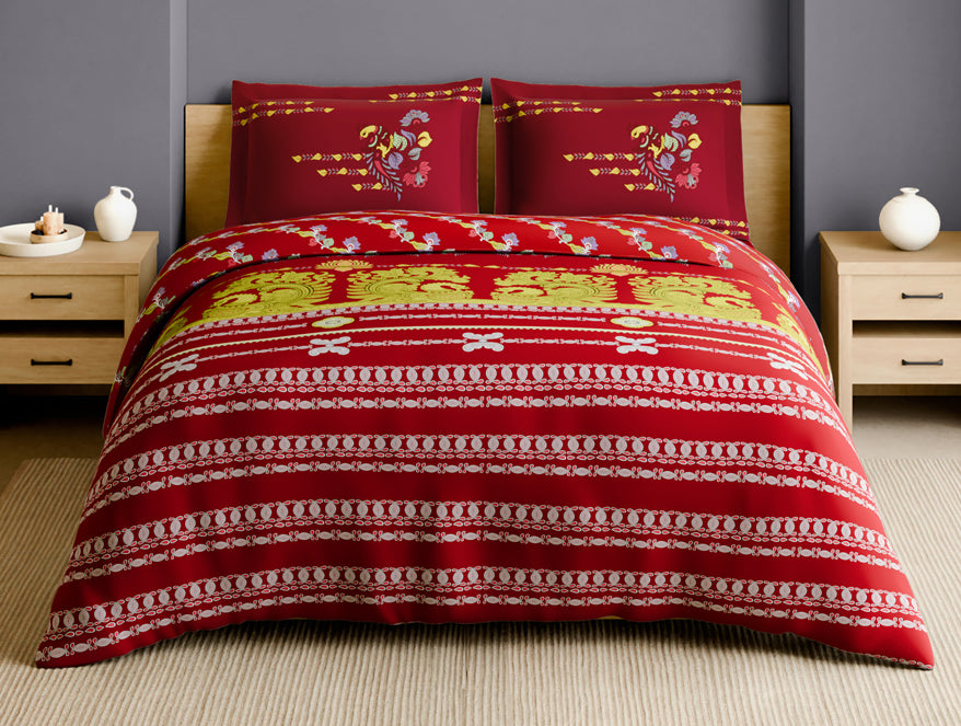 Rangana Multi 100% Cotton Large Bedsheet, 210 TC, Ornate, Red