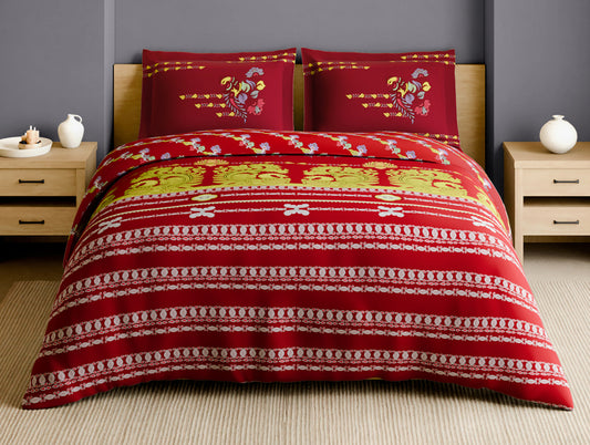 Rangana Multi 100% Cotton Large Bedsheet, 210 TC, Ornate, Red