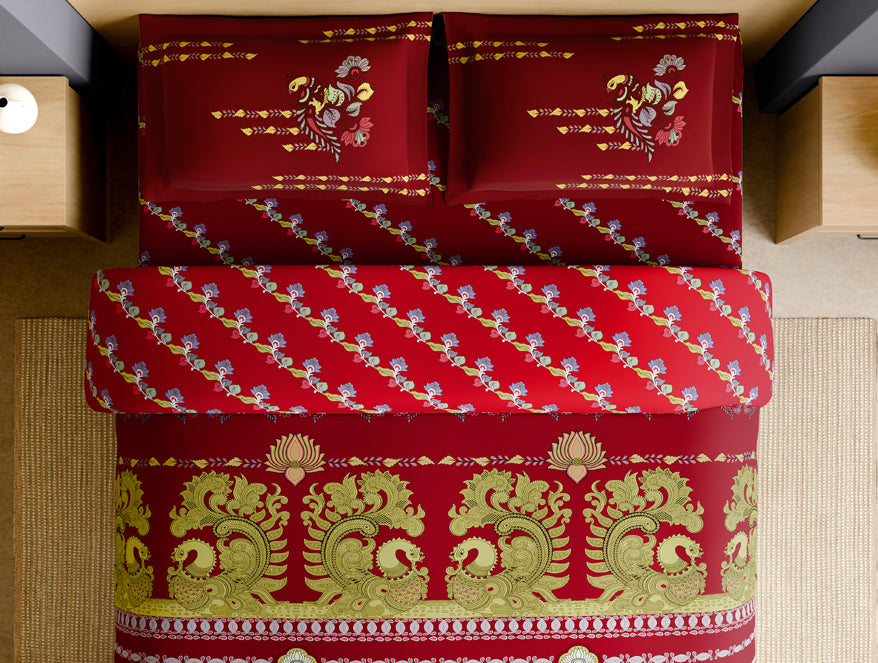 Rangana Multi 100% Cotton Large Bedsheet, 210 TC, Ornate, Red