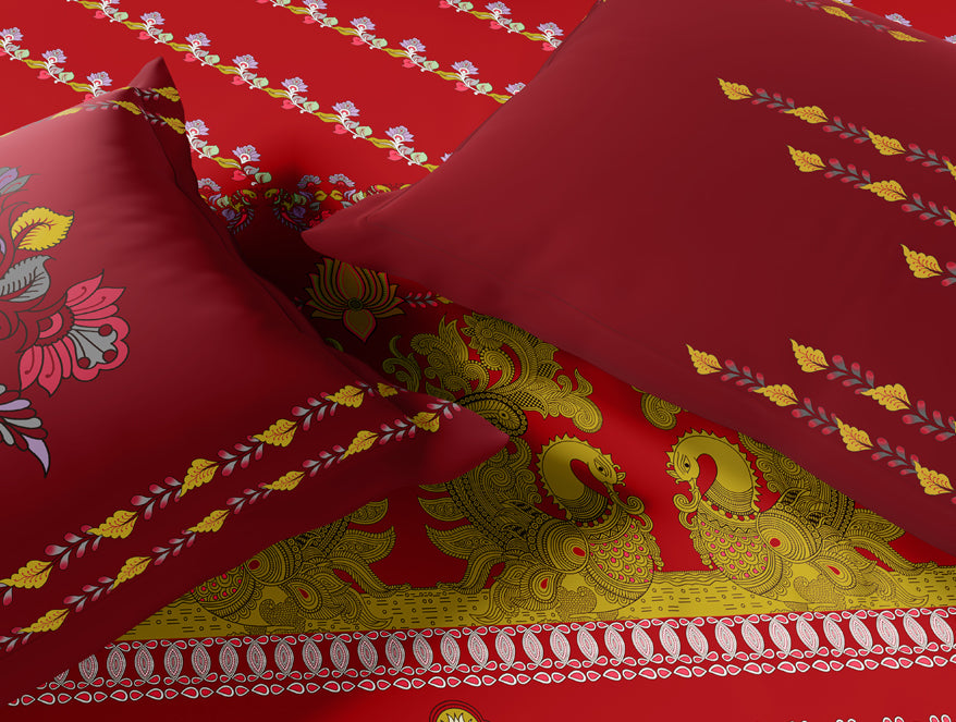 Rangana Multi 100% Cotton Large Bedsheet, 210 TC, Ornate, Red