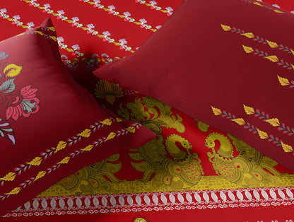 Rangana Multi 100% Cotton Large Bedsheet, 210 TC, Ornate, Red