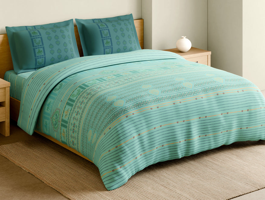 Rangana Multi 100% Cotton Large Bedsheet, 210 TC, Geometric, Light Blue