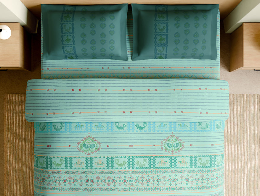 Rangana Multi 100% Cotton Large Bedsheet, 210 TC, Geometric, Light Blue