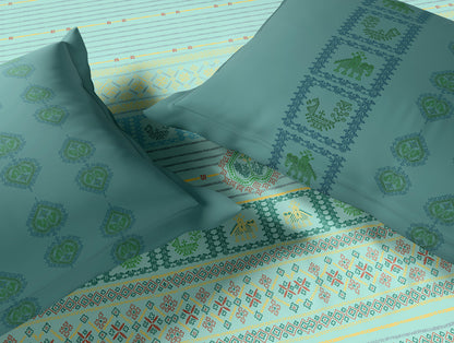 Rangana Multi 100% Cotton Large Bedsheet, 210 TC, Geometric, Light Blue