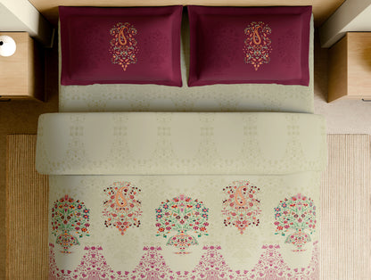 Rangana Multi 100% Cotton Large Bedsheet, 210 TC, Floral, Beige