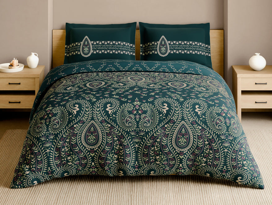 Rangana Multi 100% Cotton Large Bedsheet, 210 TC, Ornate, Dark Teal