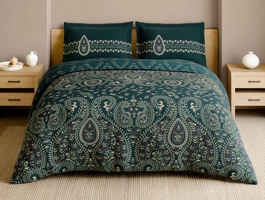 Rangana Multi 100% Cotton Large Bedsheet, 210 TC, Ornate, Dark Teal