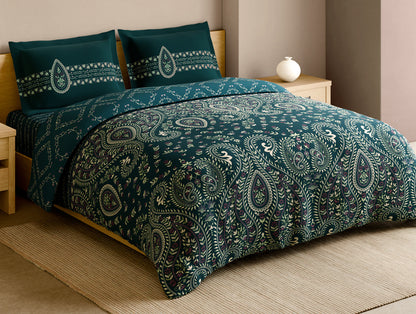 Rangana Multi 100% Cotton Large Bedsheet, 210 TC, Ornate, Dark Teal