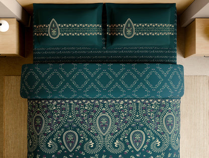 Rangana Multi 100% Cotton Large Bedsheet, 210 TC, Ornate, Dark Teal