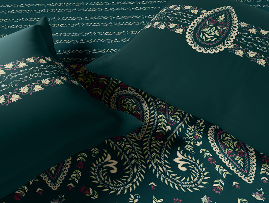 Rangana Multi 100% Cotton Large Bedsheet, 210 TC, Ornate, Dark Teal
