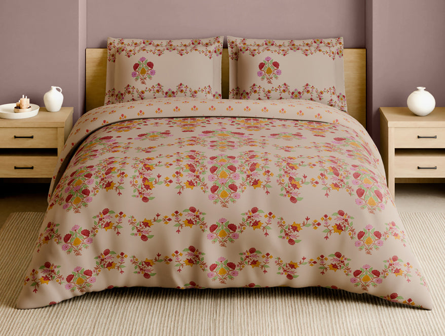 Rangana Multi 100% Cotton Large Bedsheet, 210 TC, Floral, Beige