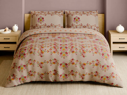 Rangana Multi 100% Cotton Large Bedsheet, 210 TC, Floral, Beige