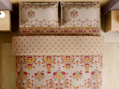 Rangana Multi 100% Cotton Large Bedsheet, 210 TC, Floral, Beige