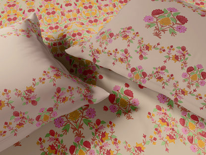 Rangana Multi 100% Cotton Large Bedsheet, 210 TC, Floral, Beige