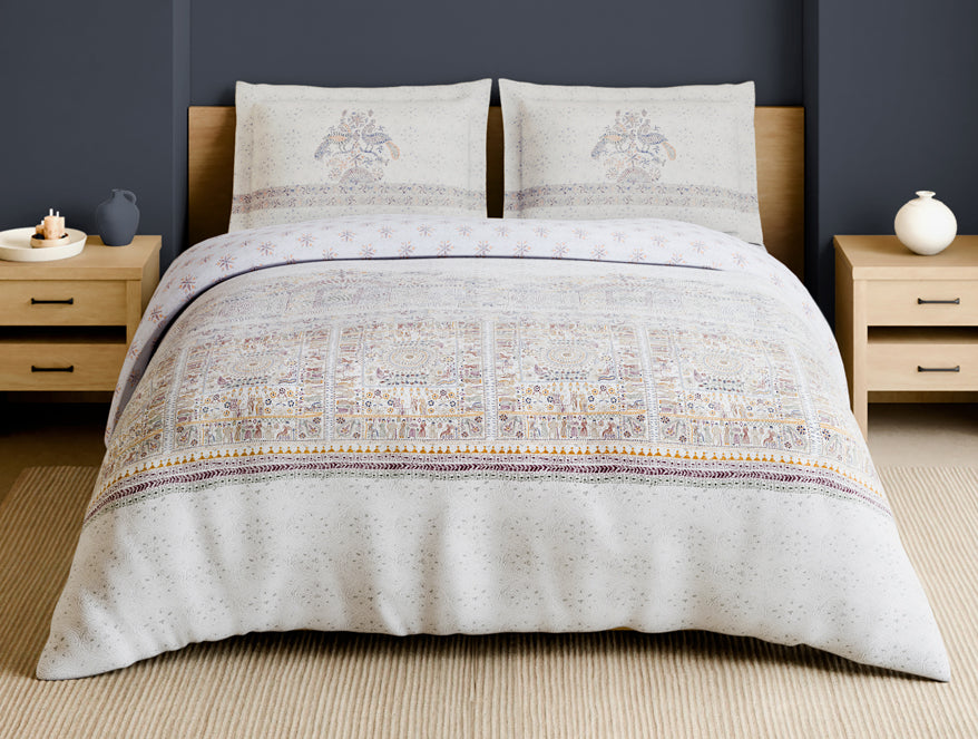 Rangana Multi 100% Cotton Large Bedsheet, 210 TC, Ornate, White