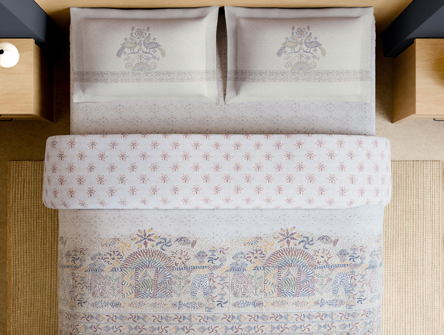 Rangana Multi 100% Cotton Large Bedsheet, 210 TC, Ornate, White