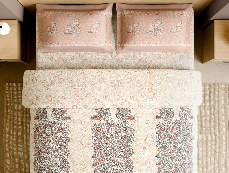 Rangana Muted 100% Cotton Large Bedsheet, 210 TC, Ornate, Blush