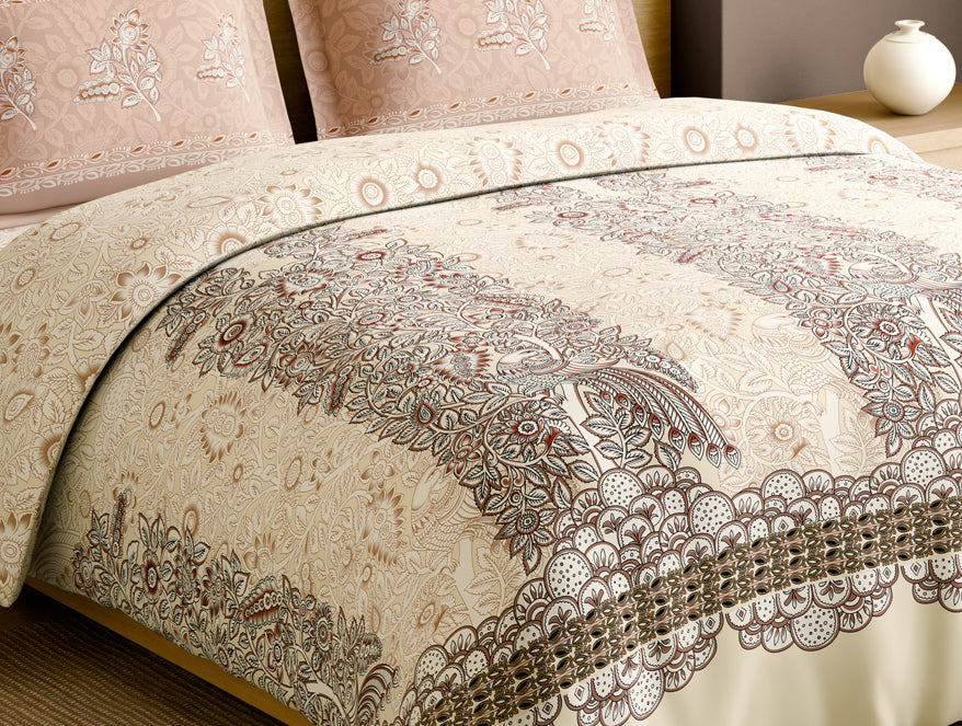 Rangana Muted 100% Cotton Large Bedsheet, 210 TC, Ornate, Blush