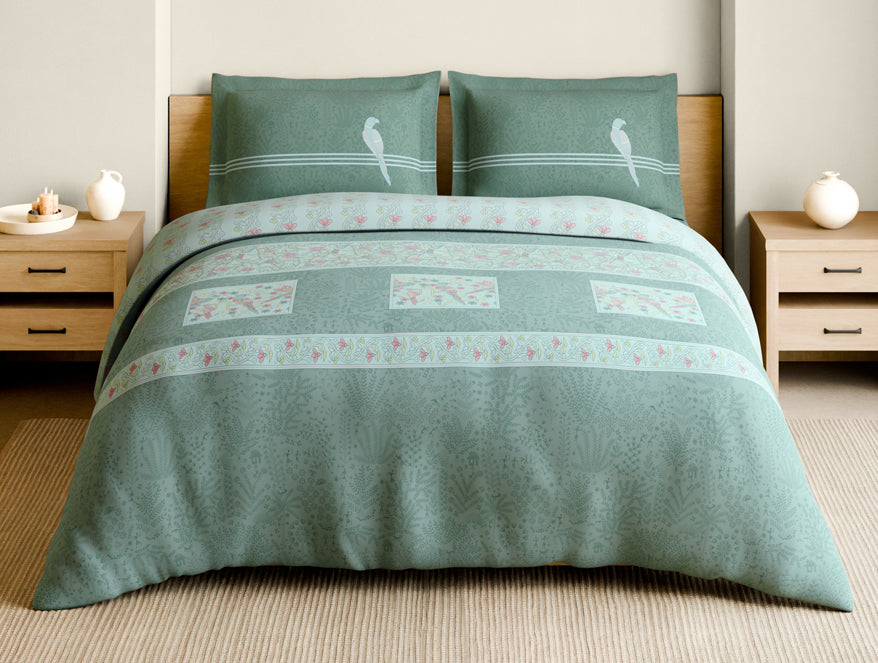 Rangana Muted 100% Cotton Large Bedsheet, 210 TC, Floral, Light Blue