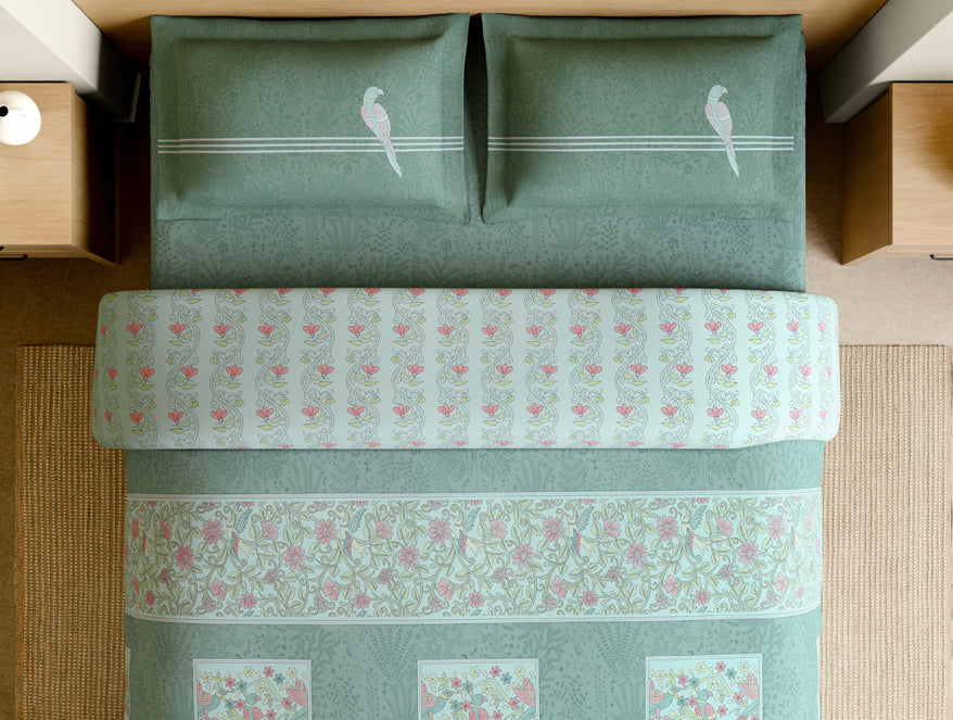 Rangana Muted 100% Cotton Large Bedsheet, 210 TC, Floral, Light Blue