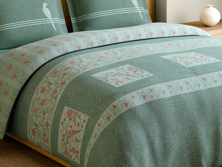 Rangana Muted 100% Cotton Large Bedsheet, 210 TC, Floral, Light Blue