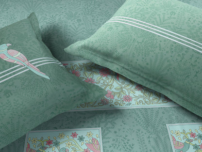 Rangana Muted 100% Cotton Large Bedsheet, 210 TC, Floral, Light Blue