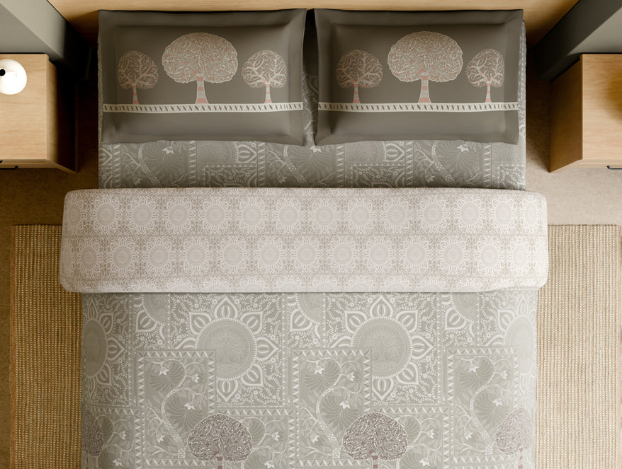 Rangana Muted 100% Cotton Large Bedsheet, 210 TC, Floral, Cream