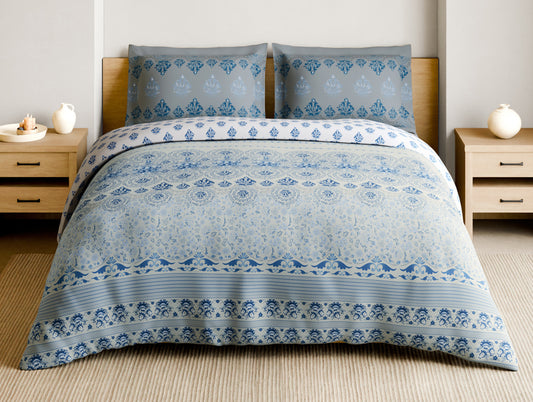 Rangana Muted 100% Cotton Large Bedsheet, 210 TC, Floral, Blue