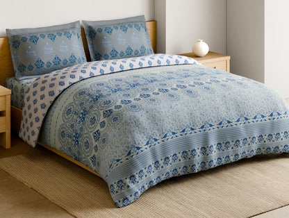 Rangana Muted 100% Cotton Large Bedsheet, 210 TC, Floral, Blue