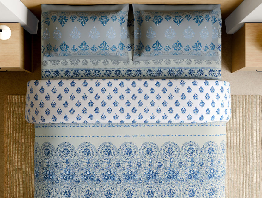 Rangana Muted 100% Cotton Large Bedsheet, 210 TC, Floral, Blue