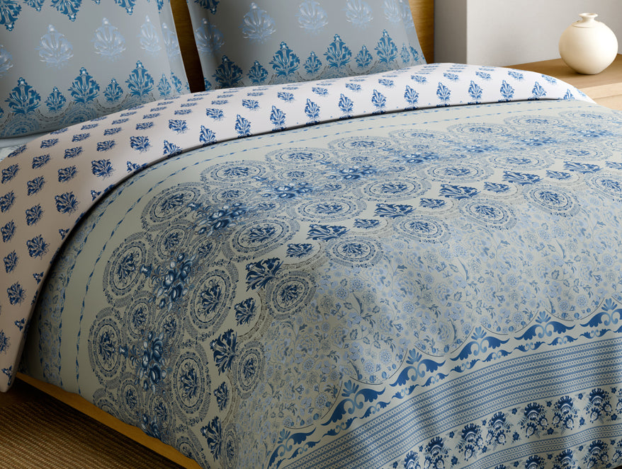 Rangana Muted 100% Cotton Large Bedsheet, 210 TC, Floral, Blue