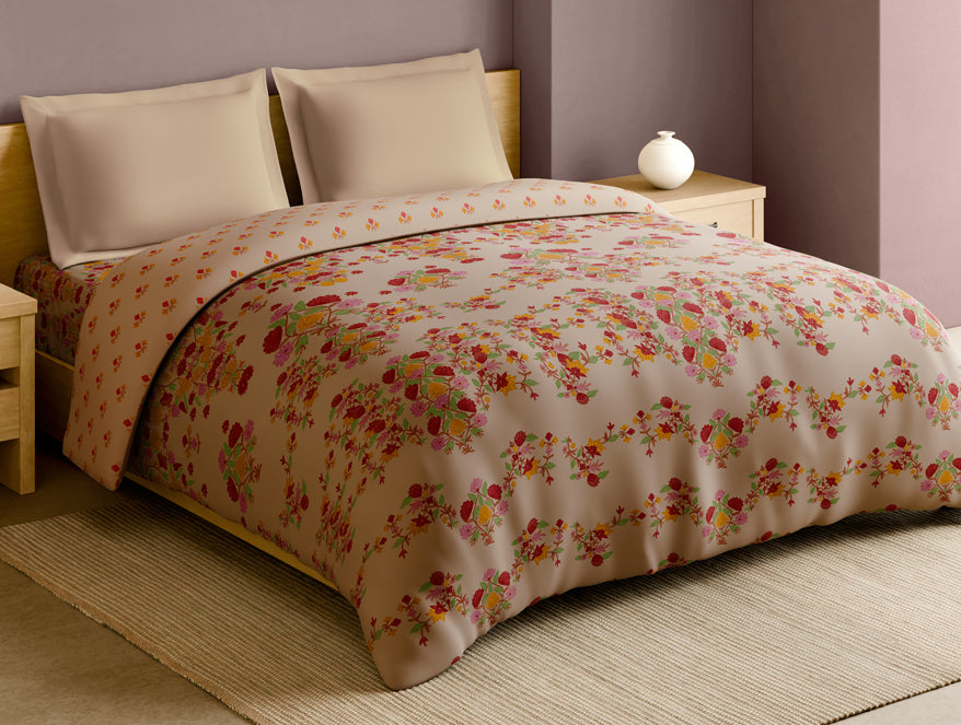 Rangana Multi 100% Cotton Double Quilt, 210 TC, Floral, Beige